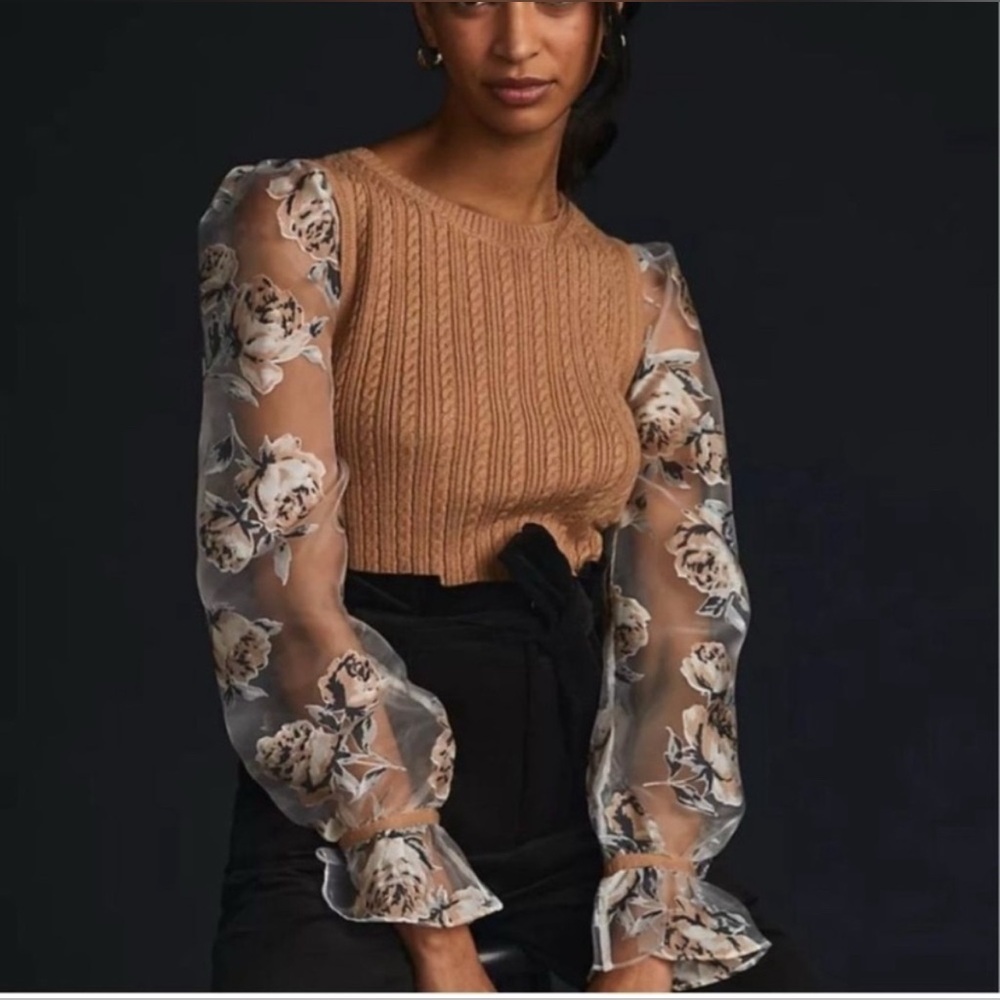 Anthropologie Tan Knit Top with Floral Sheer Sleeves